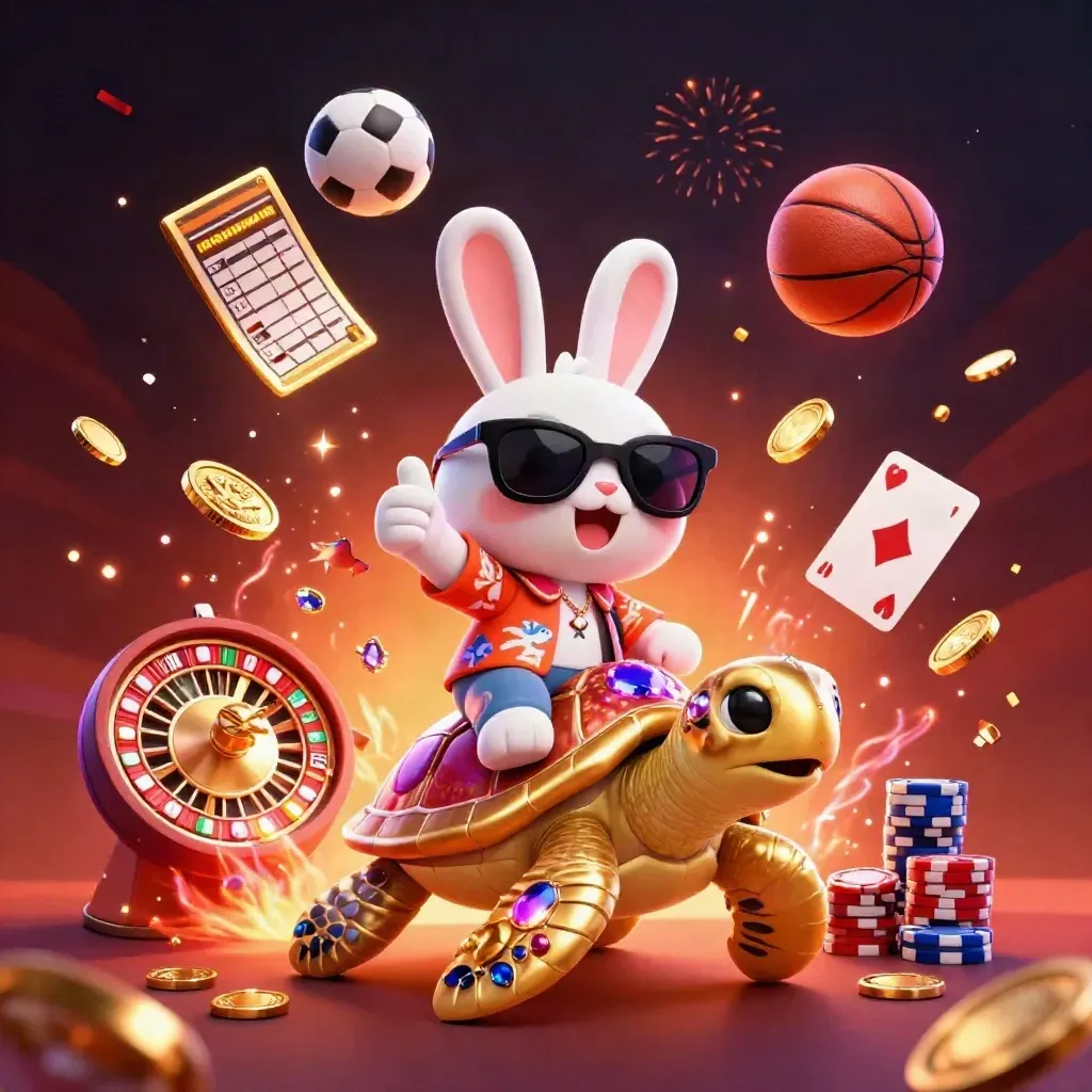 Lucky rabbit on a golden sea turtle amid casino sports chaos, coins, cards, chips and glow.