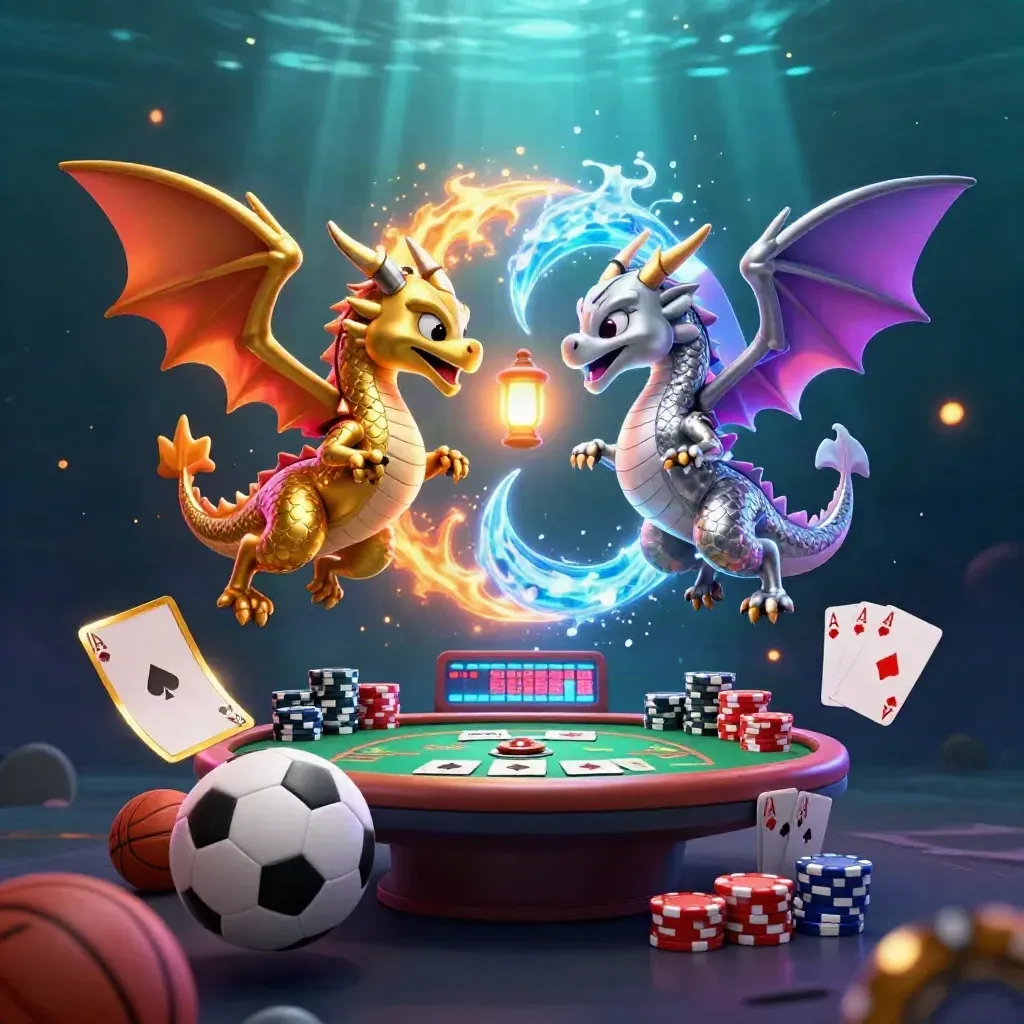 Gold and silver dragons orbit casino chips, balls, and glowing light in a cinematic splash scene