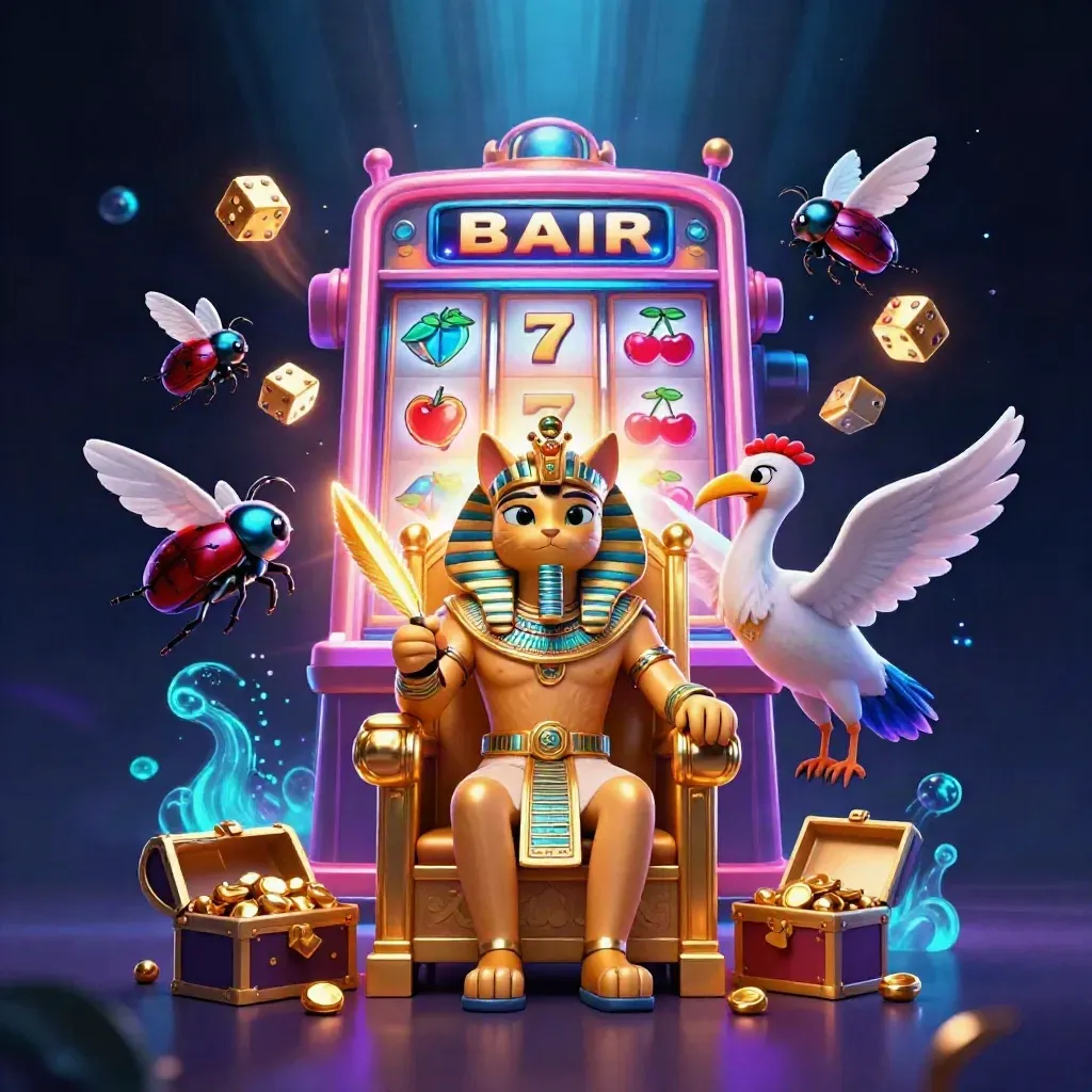 Pharaoh cat, ibis scribe, and scarab beetles amid glowing slot machine jackpot bursts