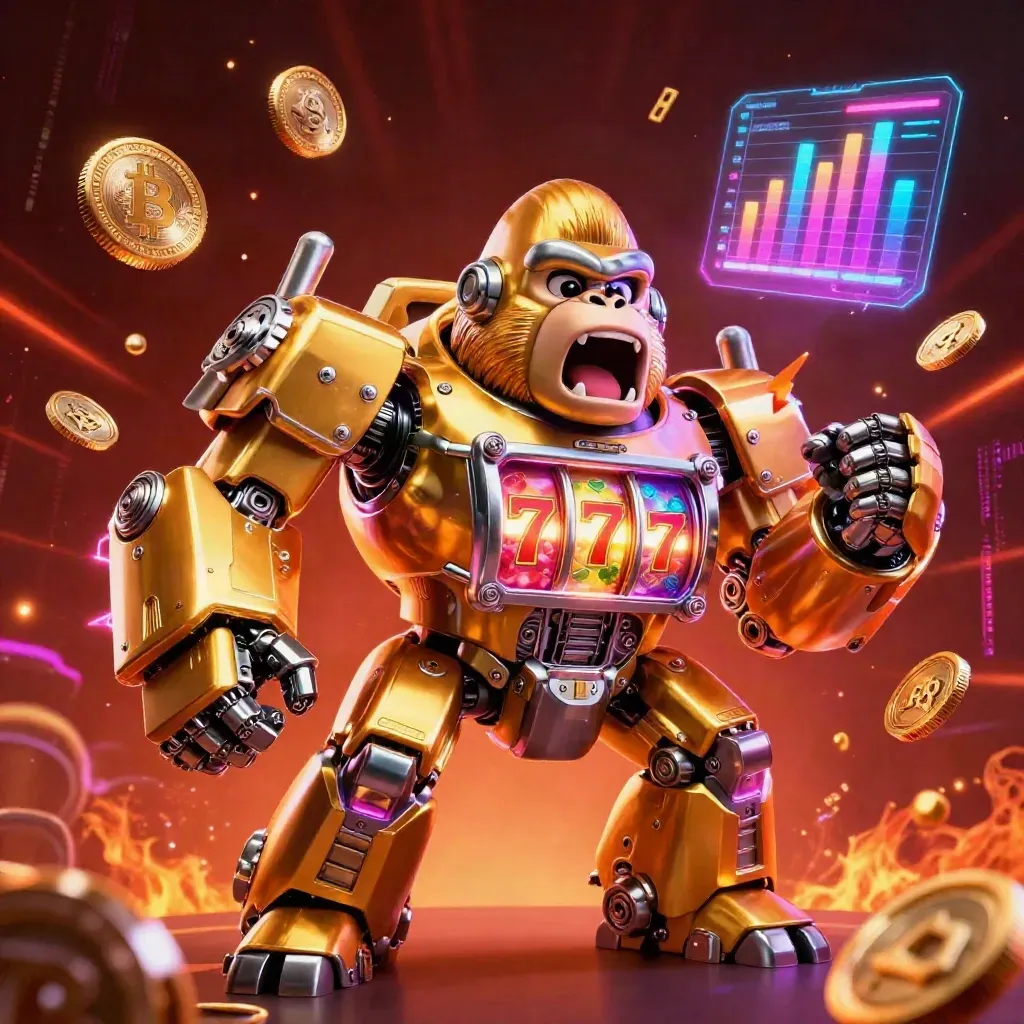 Golden gorilla mech with neon coins, lightning, and a tiny monkey pilot in a fiery casino scene