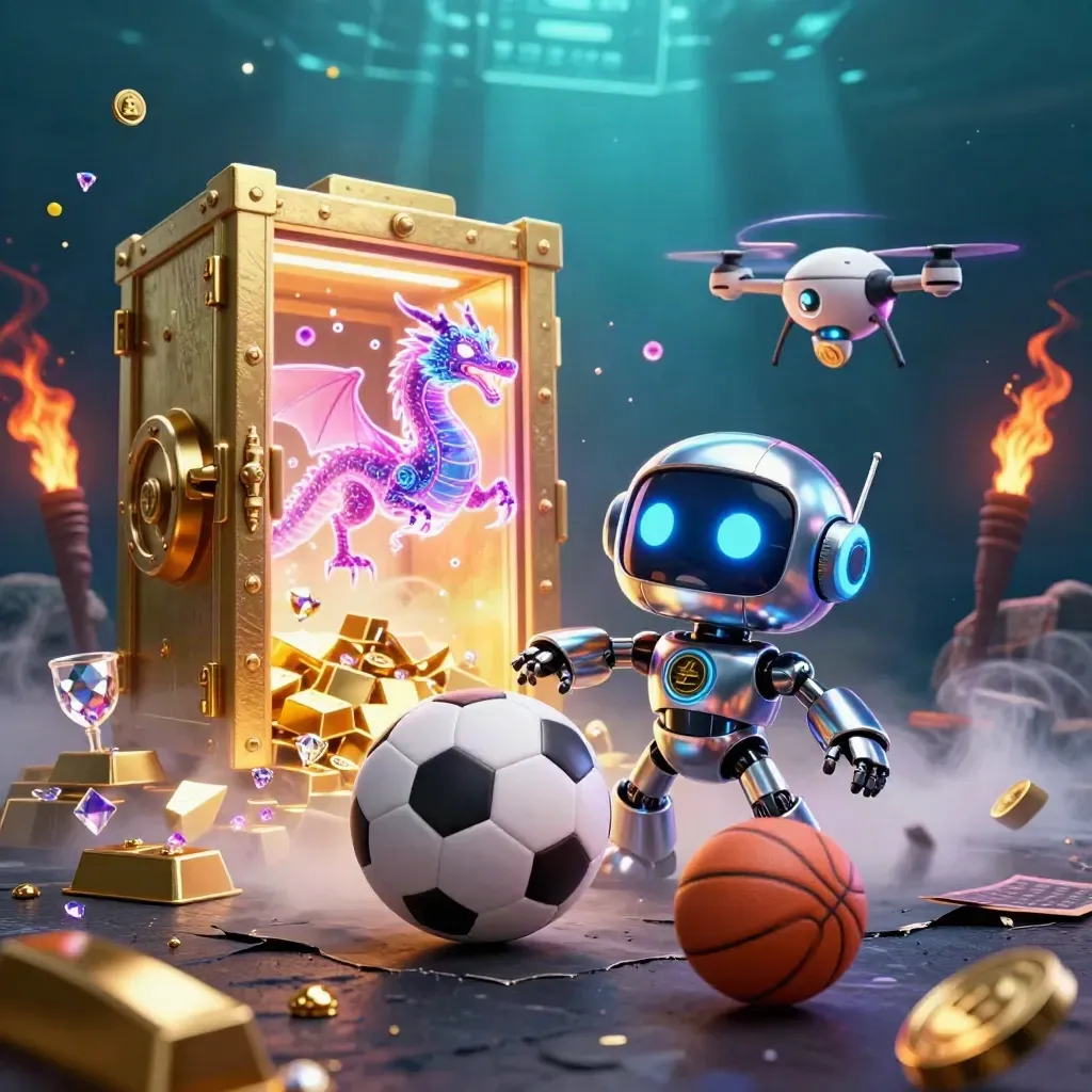 Chrome robot, particle dragon and coin drone amid flying balls, vault gold, gems, sparks.