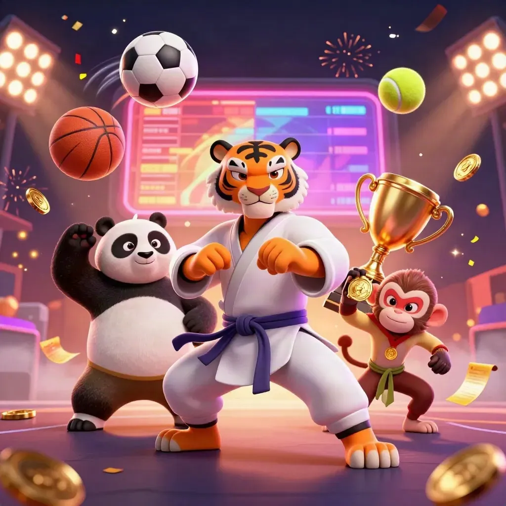 Ground-level tiger, panda, and monkey amid flying balls, coins, trophy, embers, and neon beams