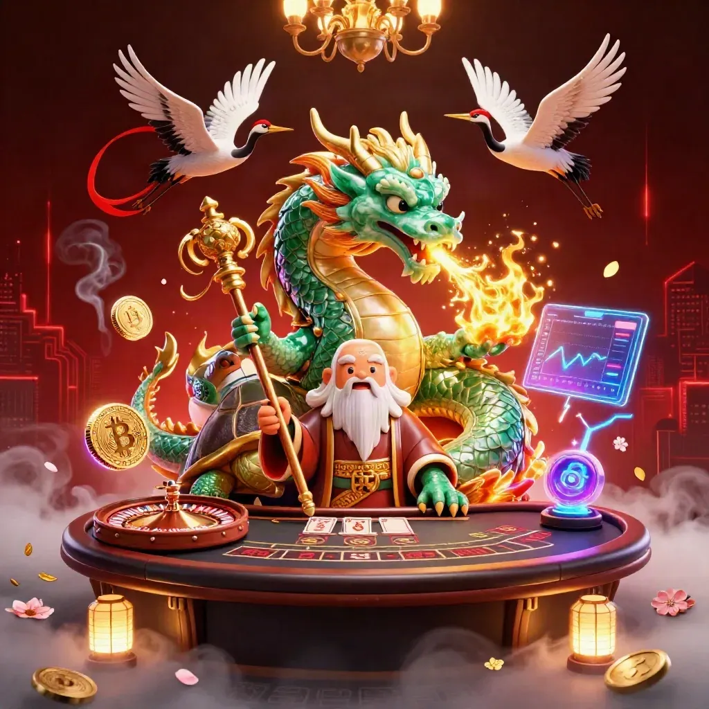Emerald dragon, turtle sage, and cranes amid neon casino magic, coins, fog, and glowing effects.