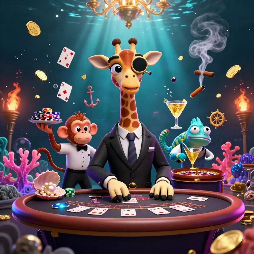Giraffe, monkey, and chameleon in a jeweled underwater casino with treasure, coral, and glowing roulette.