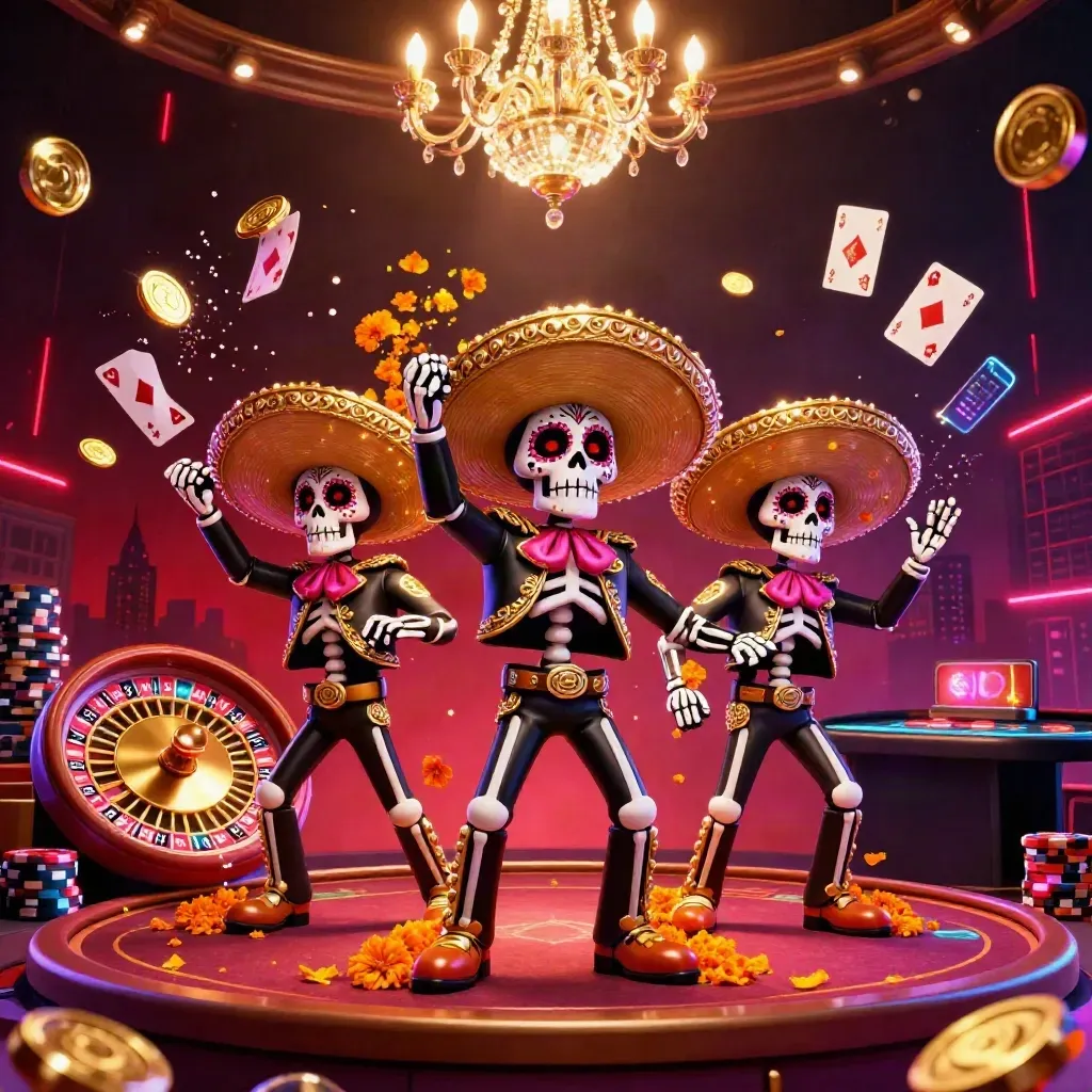 Day-of-the-Dead skeleton mariachi trio amid spinning roulette, coins, gems, neon casino lights