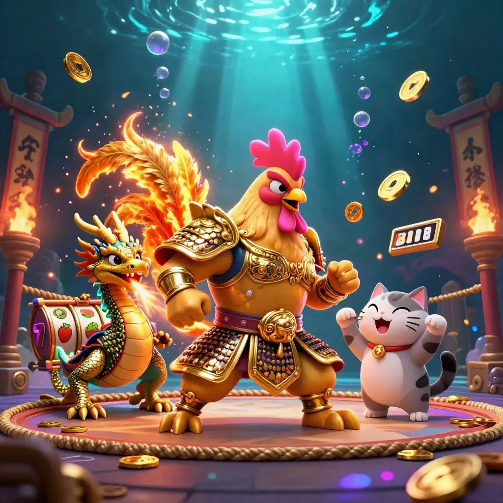 Rooster warrior, dragon hatchling, and fortune cat in a glowing casino battle scene.