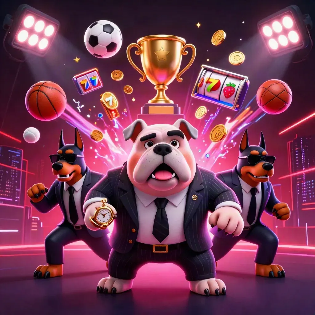 Cartoon bulldog mob boss with two Dobermans amid neon sports, gold and casino effects.
