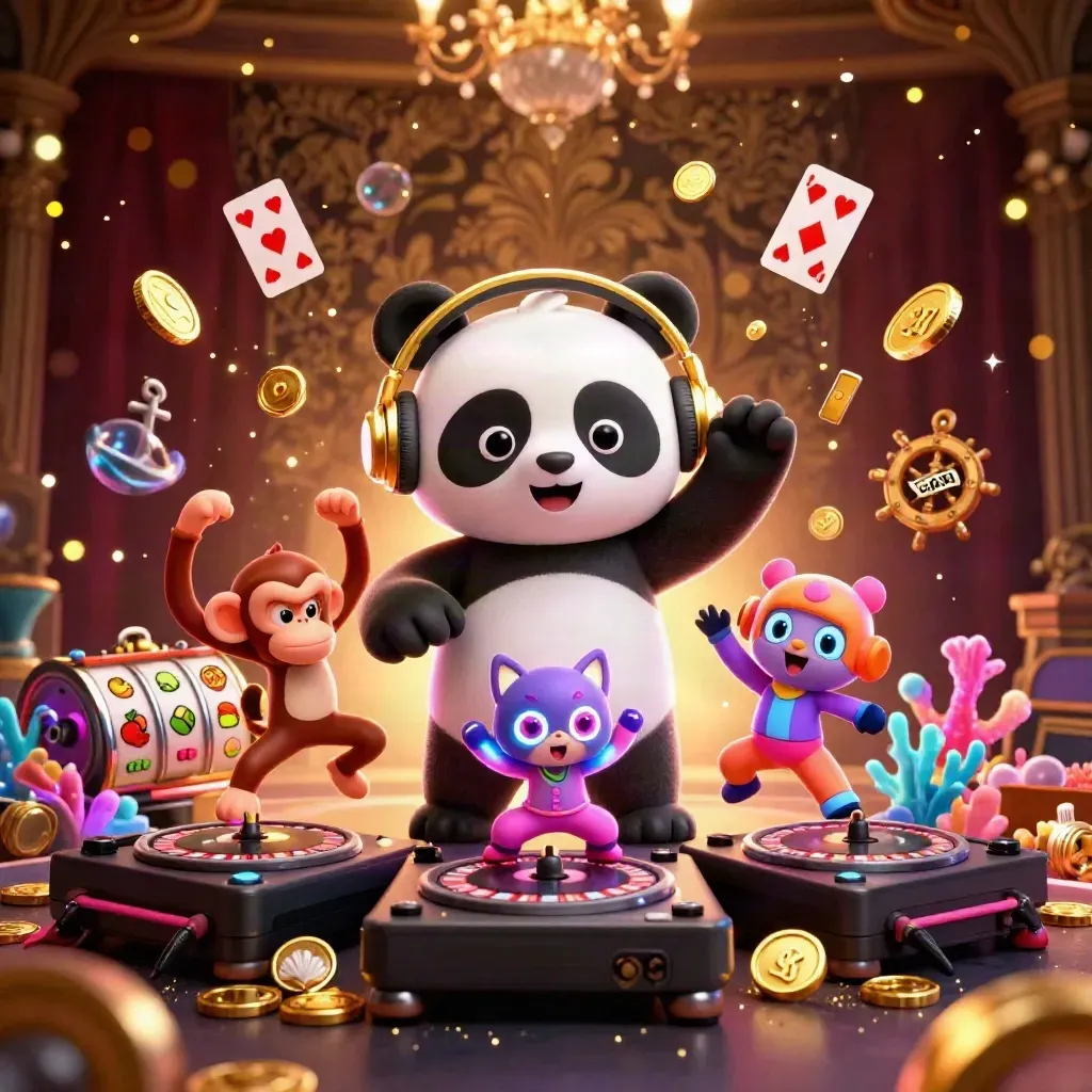 DJ panda, breakdancing monkey, and glow-stick kitten amid a gold treasure cove