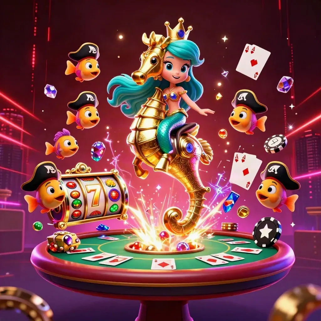 Mermaid princess on golden seahorse amid poker chips, cards, neon sparks, and pirate fish