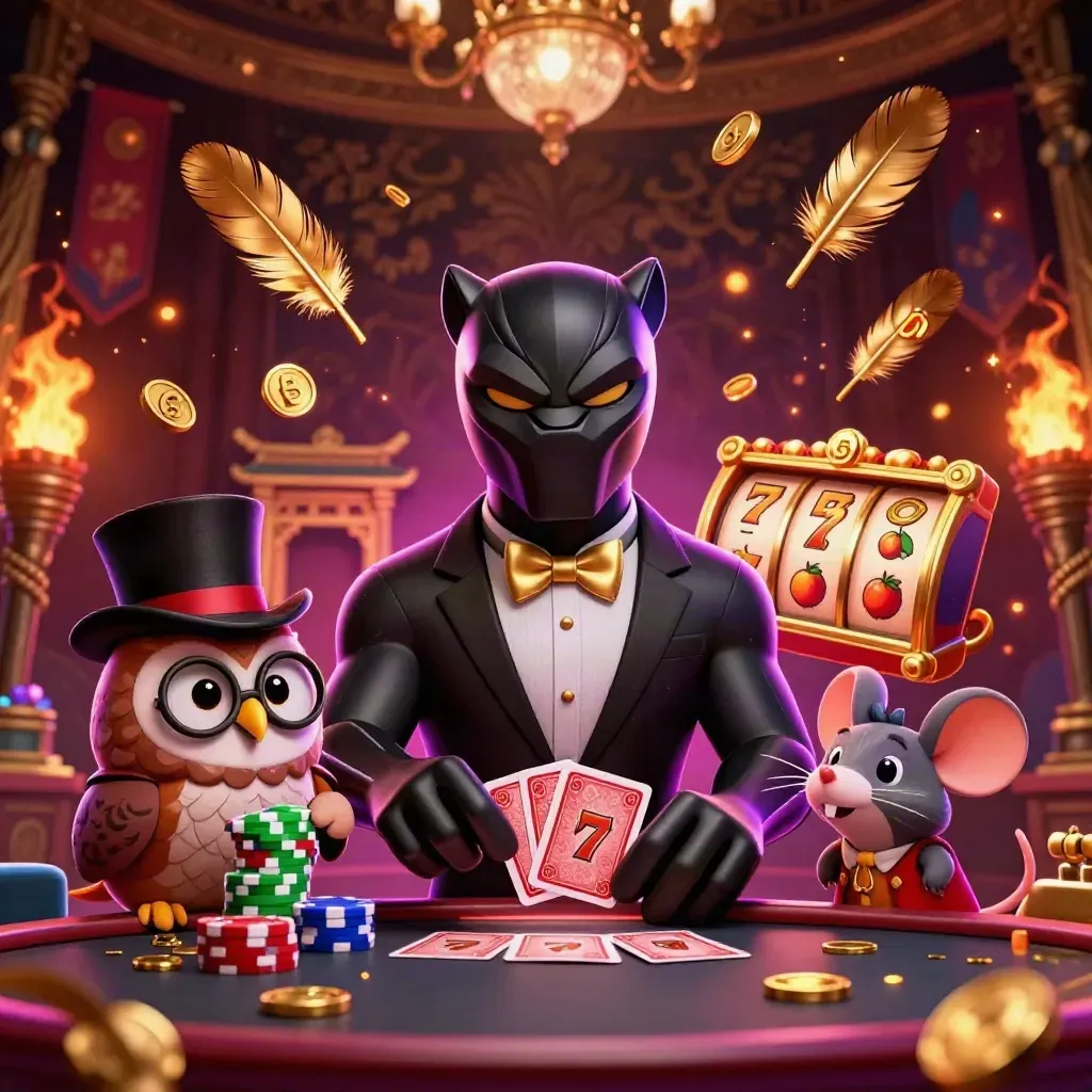Panther dealer, owl, and mouse amid coins, reels, fireworks, and a golden vault burst.