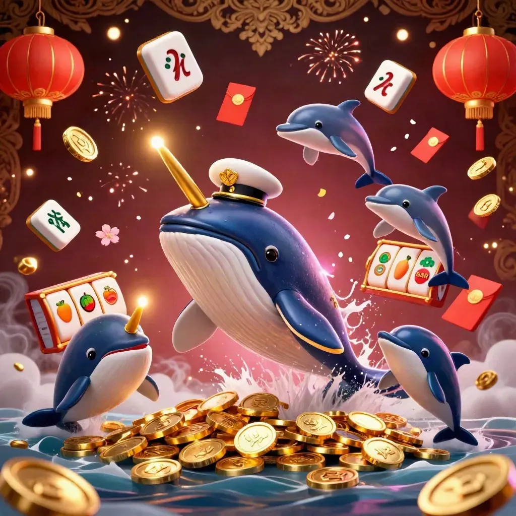Captain whale, narwhal, and dolphins burst through coins with lanterns, fireworks, and slot symbols.
