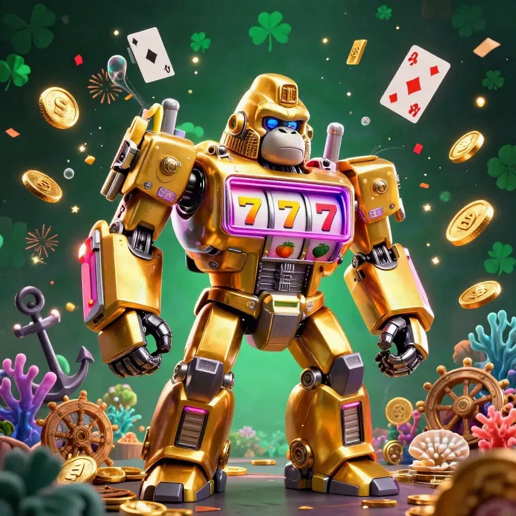Golden gorilla slot-mech with tiny monkey pilot, coins, coral, fireworks, and mint-green casino glow