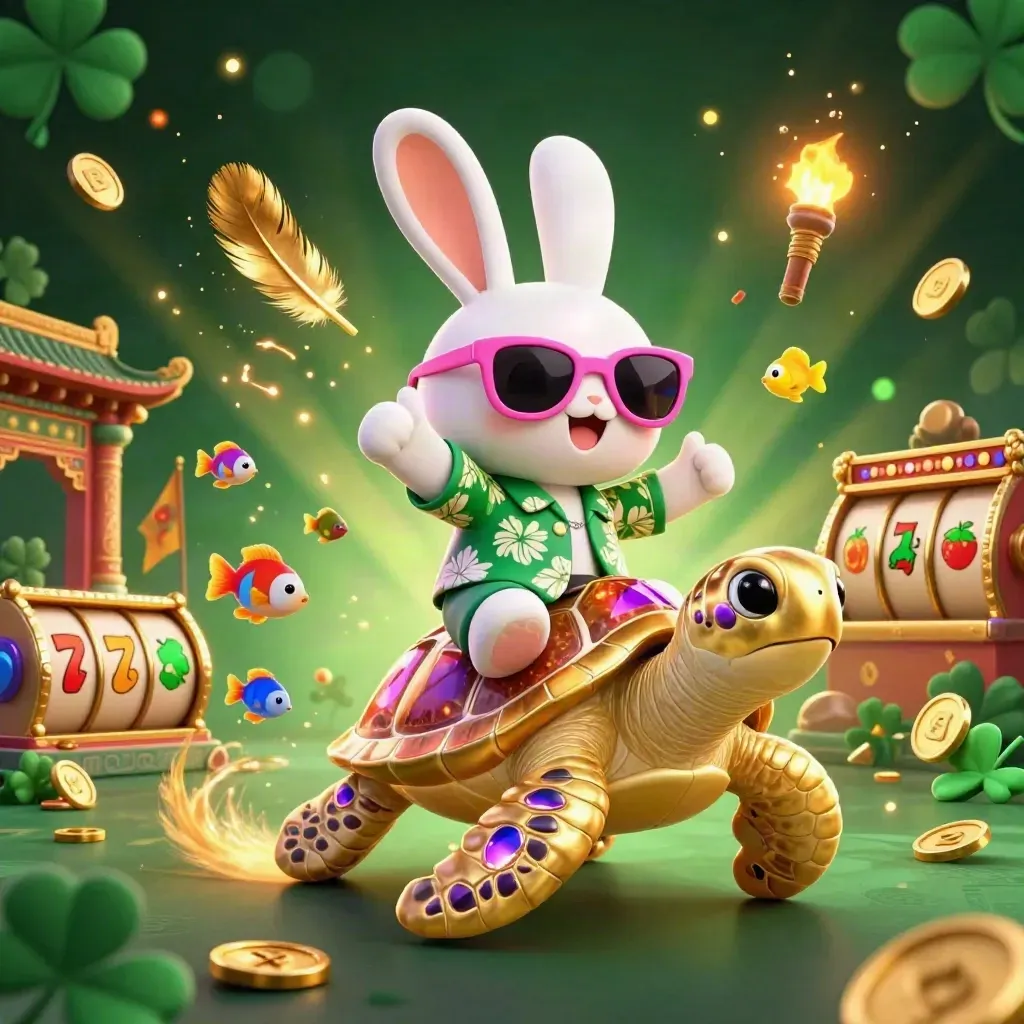 Lucky rabbit on a golden sea turtle in a neon casino fantasy scene with reels, coins, and temple glow.