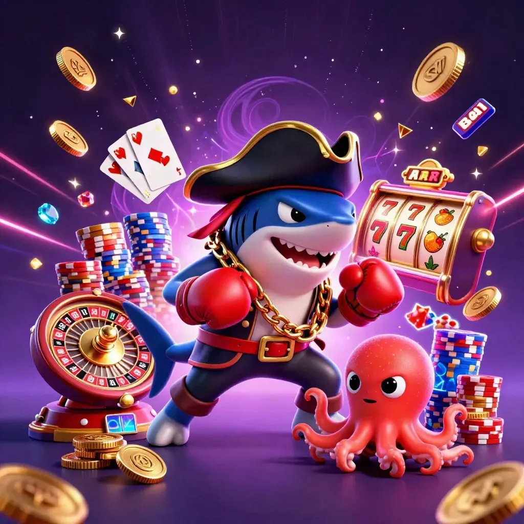 Pirate shark, boxing pufferfish, and coin-juggling octopus in a neon casino burst.