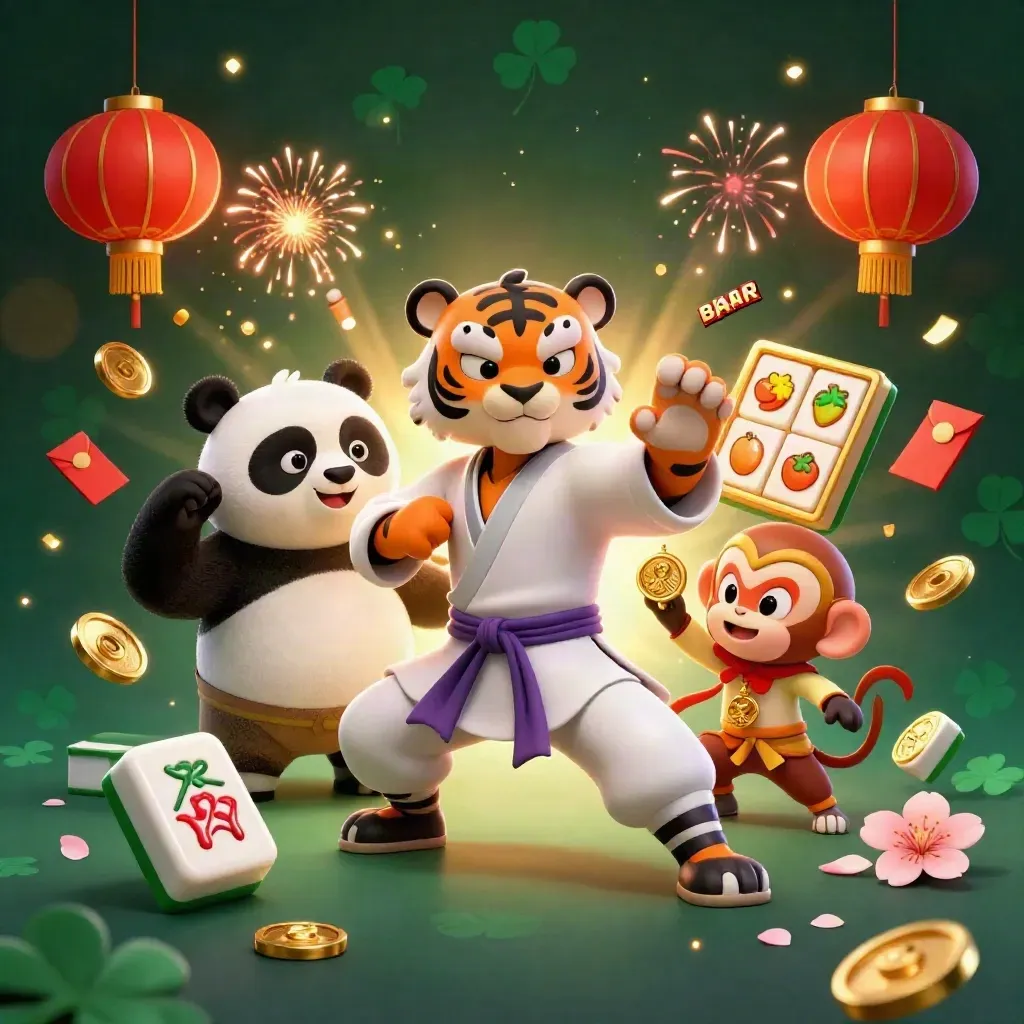 Kung-fu tiger, panda, and monkey amid neon casino bursts, gold sparks, and slot symbols.