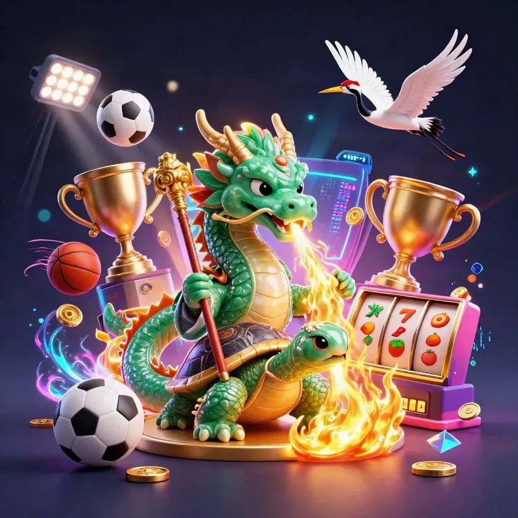 Jade dragon, turtle sage, and cranes amid casino sparks, coins, sports balls, reels, and neon glow.