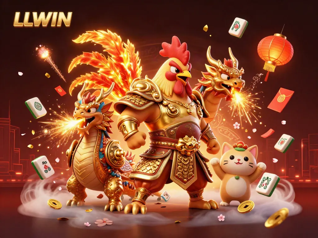 Celebrate wins at LLWIN with a dynamic scene of a warrior rooster, dragon, and cat amidst festive casino elements.