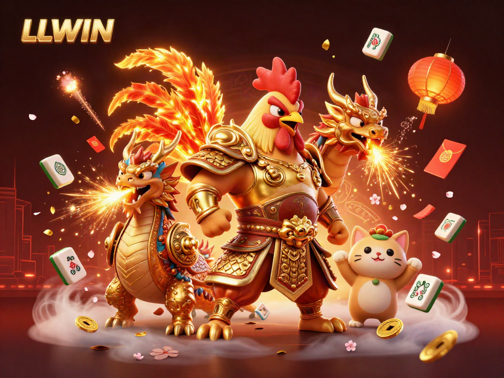 Celebrate wins at LLWIN with a dynamic scene of a warrior rooster, dragon, and cat amidst festive casino elements.