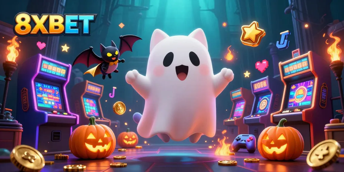 Engage with 8XBET as a ghost cat and bat navigate a vibrant haunted casino scene.