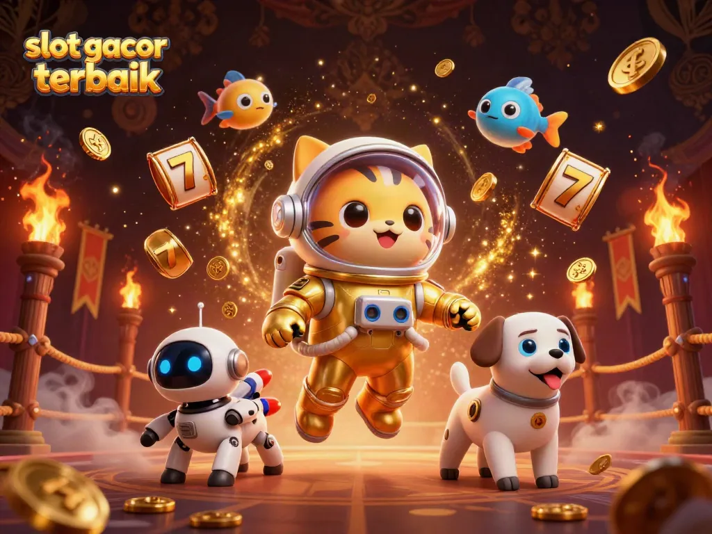 Berpartisipasi dalam permainan slot gacor terbaik dengan kucing astronot dan anjing robot di ruang kasino digital.