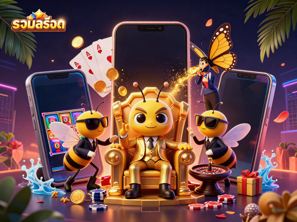 Experience the thrills of รวมสล็อต with a dynamic 3D illustration featuring a bumblebee mob boss, casino games, and vibrant decorations.