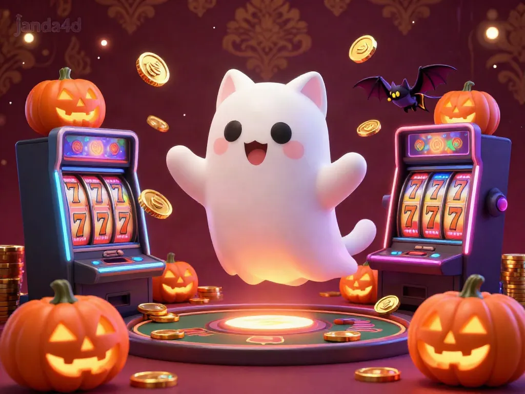 Permainan slot yang menyenangkan di kasino JANDA4D yang dipenuhi dengan kucing hantu dan lentera berdandan.