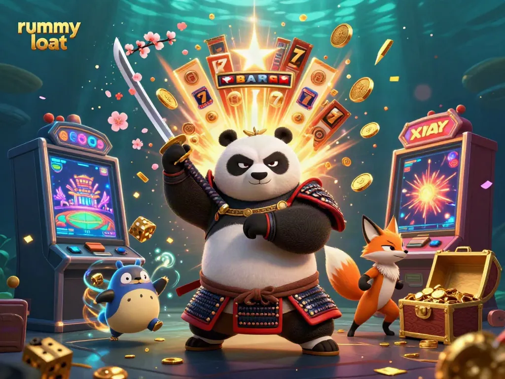 Win big with rummy loot in this vibrant 3D casino scene featuring a samurai panda and ninja fox.