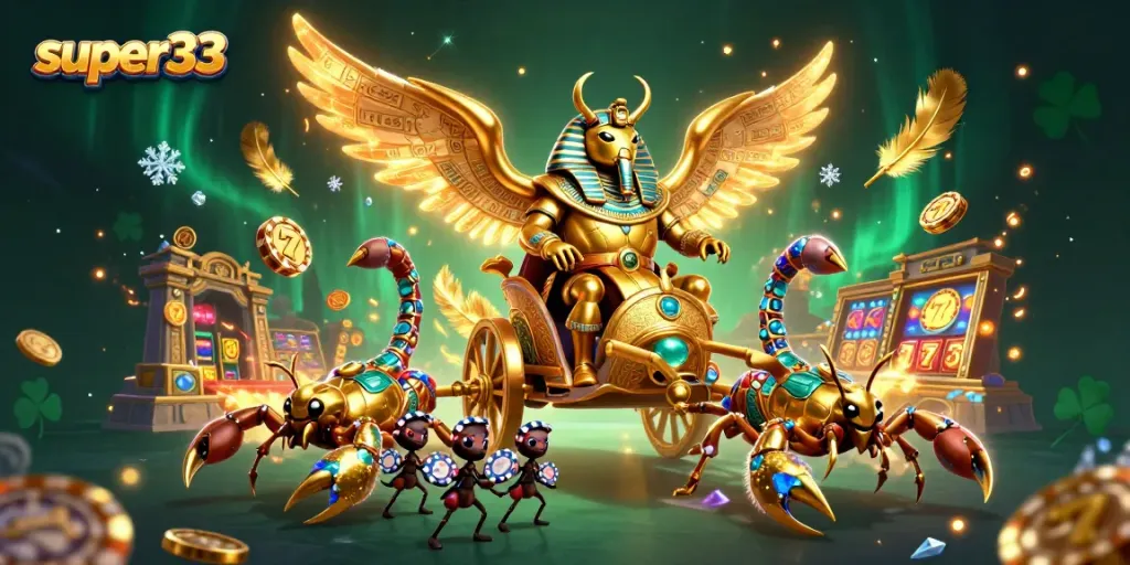Engage in thrilling gameplay with super33 as a colossal golden scarab beetle dominates a vibrant casino scene filled with glowing elements.