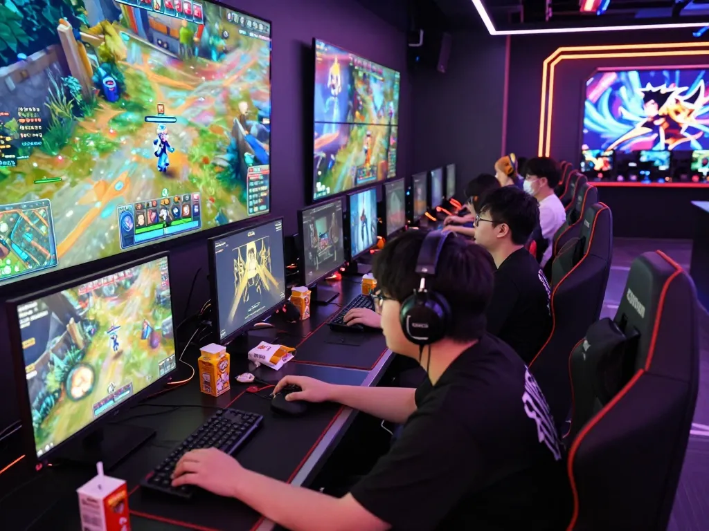 Gamers immersed in a stimulating e-sports arena featuring dewi100 gameplay and vibrant visuals.