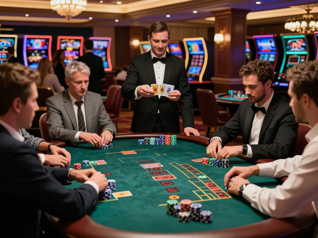 yinkafolawiyogroup engaging blackjack players at a luxurious casino table under elegant lighting