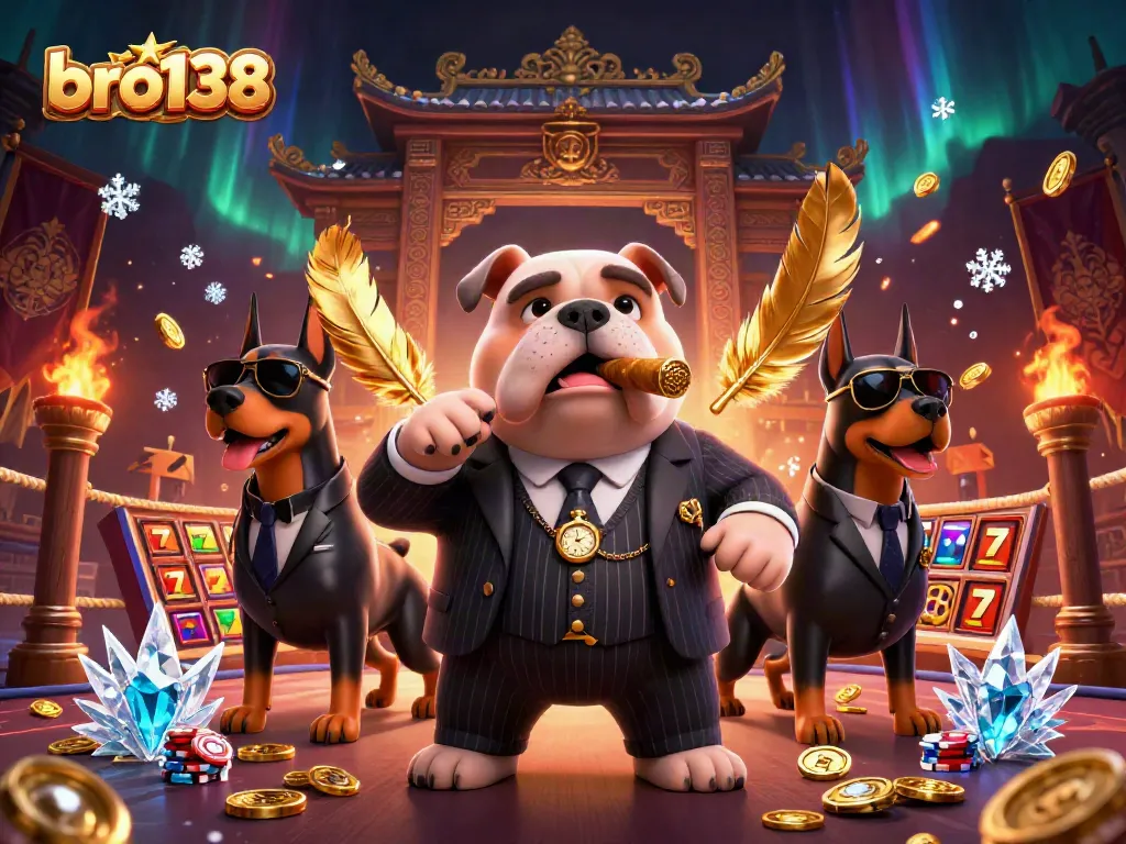 Engage with bro138’s thrilling slot games, showcased by a charismatic mafia bulldog and bodyguards amidst swirling golden coins.