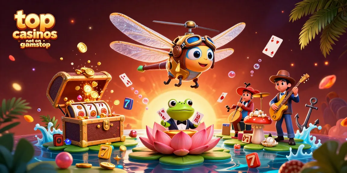 Engage with top casinos not on gamstop showcasing a vibrant 3D dragonfly pilot and frog croupier.