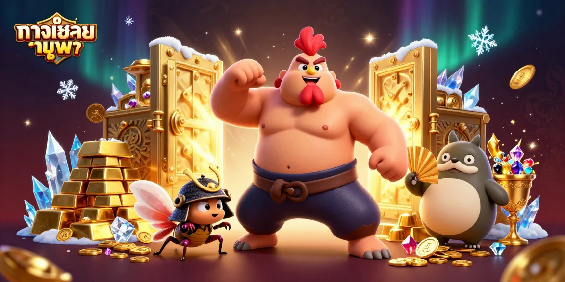 Engage with ทางเข้ายูฟ่า as a powerful sumo wrestler, fierce cricket, and tanuki announcer in a vibrant casino scene.