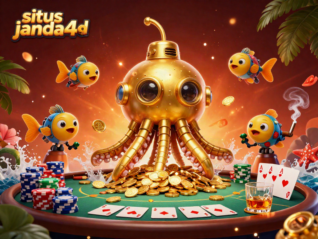 Permainan situs janda4d dengan kru ikan mekanik dan submarin kraken dalam lautan koin emas.