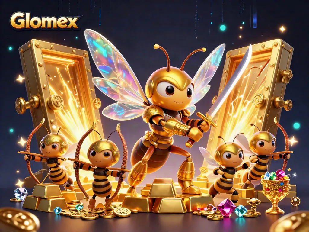 Glomex showcases a dynamic casino scene with a golden hornet and treasure elements.
