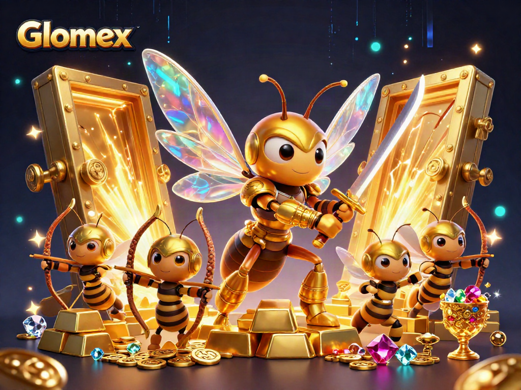 Glomex showcases a dynamic casino scene with a golden hornet and treasure elements.