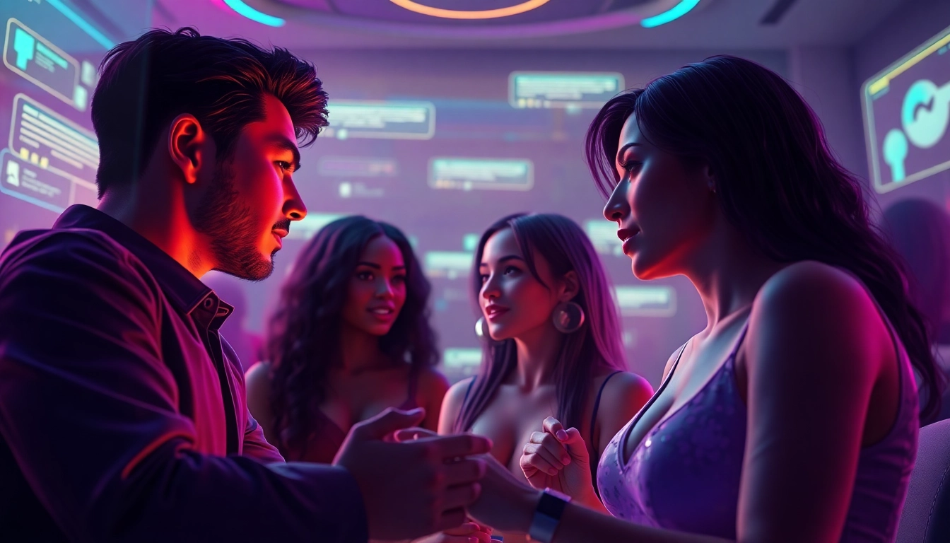 Engage in AI chat porn with diverse avatars in a vibrant digital chatroom.