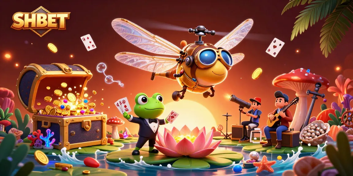 Experience thrilling gaming excitement at SHBET's vibrant lily pad casino scene with dynamic characters.