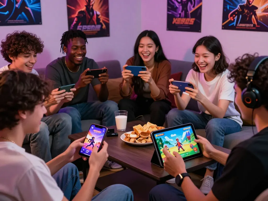 Engaging scene of friends playing mobile porn games, showcasing diverse players and immersive graphics.
