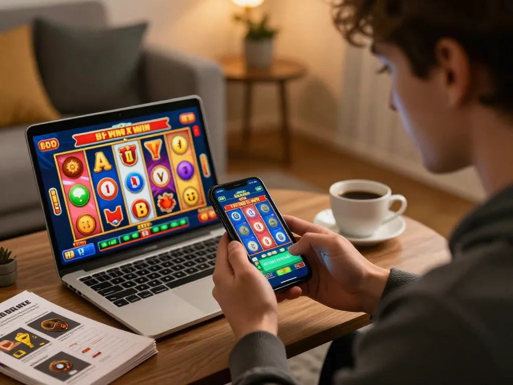 Pengguna Aman788 menikmati permainan slot mobile dengan gulungan berwarna-warni dan notifikasi kemenangan besar di rumah.