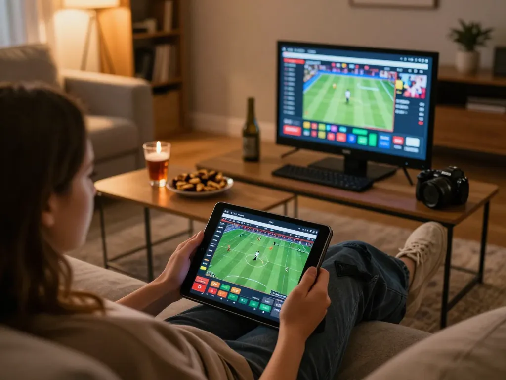 person enjoying online gambling on god55vn, engaging with sports betting tablet in cozy setting