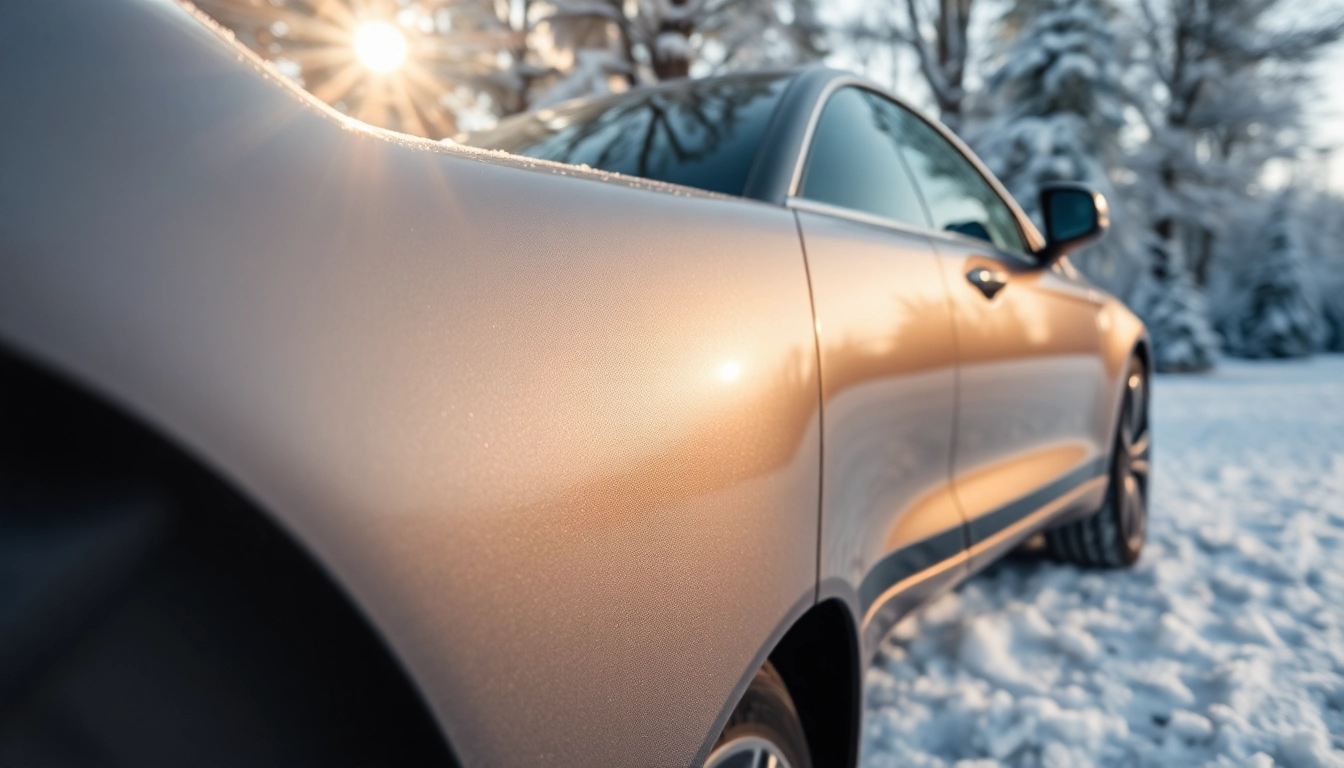 PPF winter road salt protection on a vehicle in a winter setting with snow and frost.