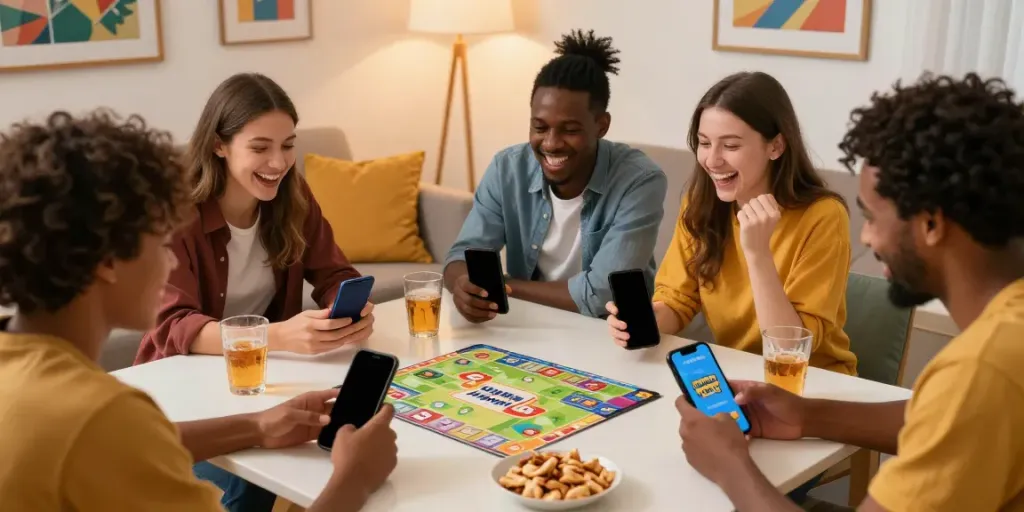 Exciting friends enjoying Rumble Rummy app in a cozy living room.