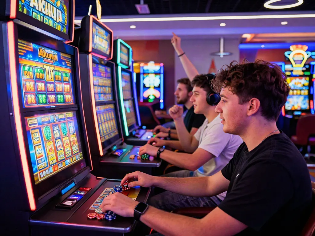 Akunjp gaming player focused on slot machine in neon-lit casino.