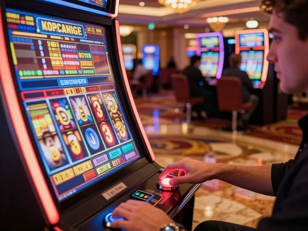 Engaged player spinning Tempo123 Slot machine reels, vibrant casino atmosphere with warm lighting.