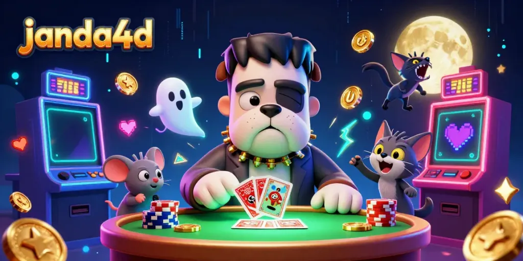 Janda4d: Bulldog Frankenstein dan teman-teman bermain kartu di meja kasino, dengan suasana hidup dan elemen slot yang mengelilinginya.