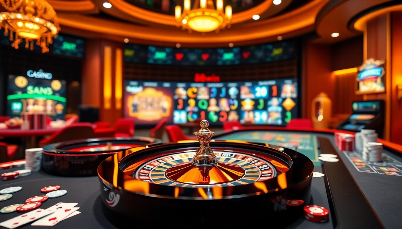 Exciting gambling scene illustrating 68win with vibrant casino elements, roulette table, and poker chips.