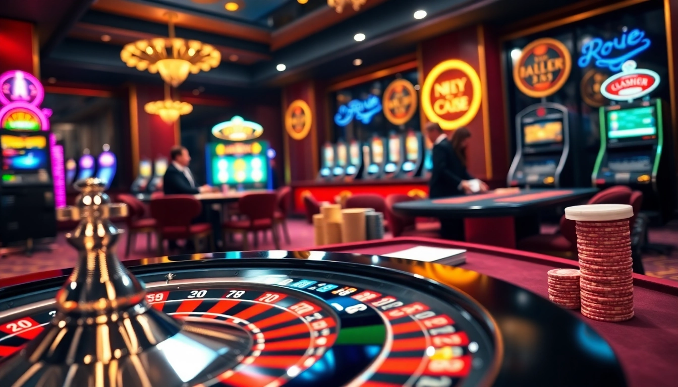 Experience the thrill of betting at NHÀ CÁI B8 with vibrant casino visuals showcasing roulette and poker.