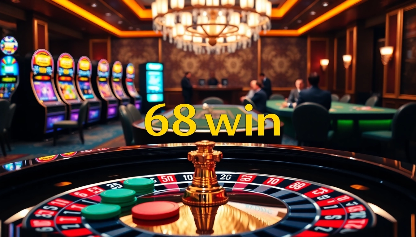 Experience the thrill of 68win with an exciting casino scene featuring roulette and poker tables.