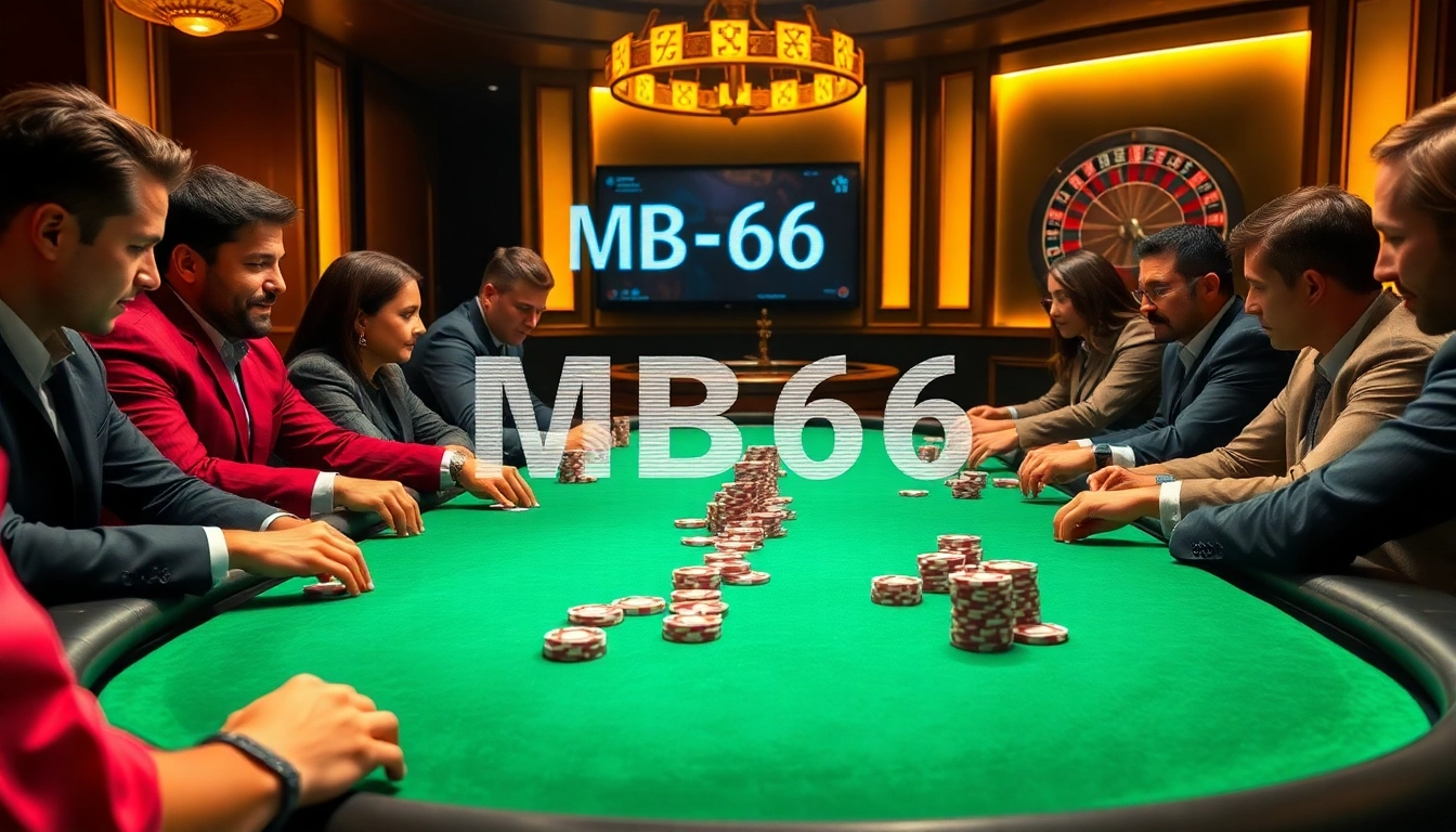 Players at a poker table engaging in an intense MB66 gambling session with vibrant poker chips.